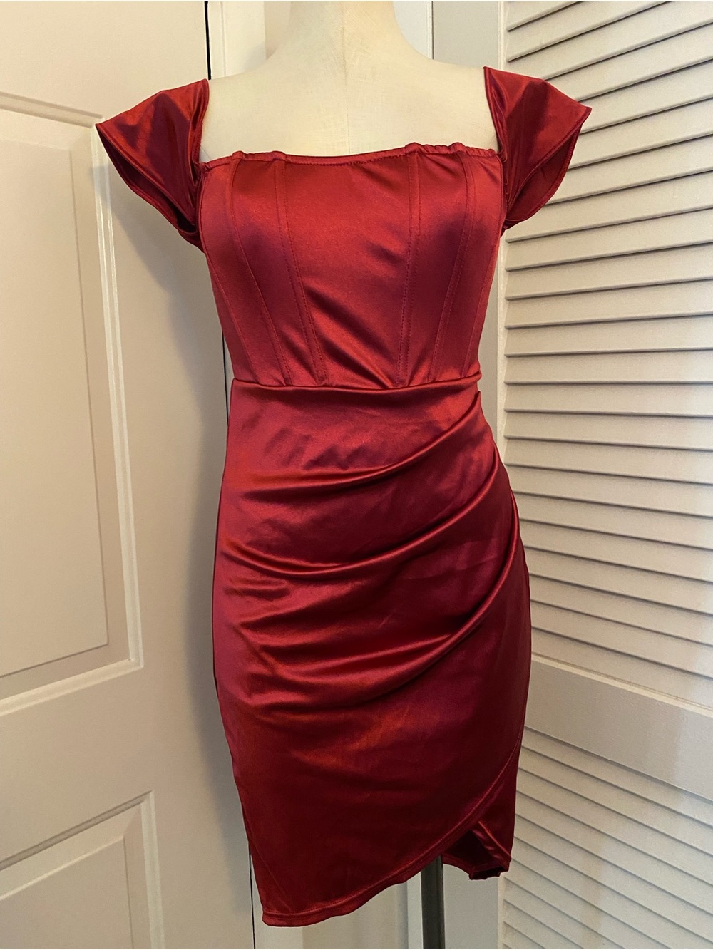 SHEIN Red Satin Square-Neck Mini Dress- Size Medium